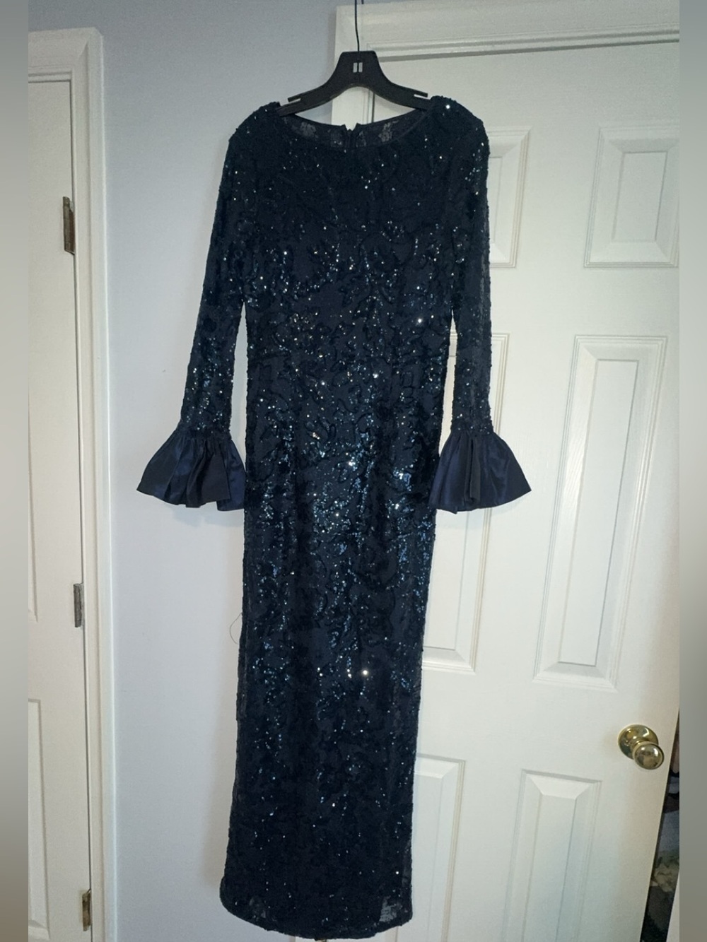 Teri Jon Navy Sequin Long Sleeve Column Gown with Flared Cuffs